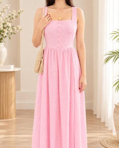 Button-Front Square Neck Linen Midi Dress