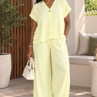 Soft Yellow Short-Sleeve Linen Trousers Set