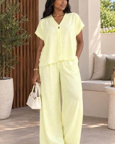 Soft Yellow Short-Sleeve Linen Trousers Set