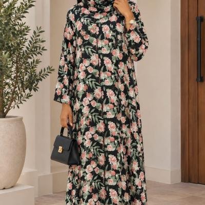 Botanical Floral Printed Long Abaya Dress