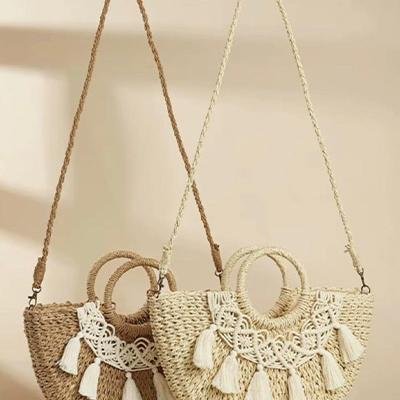 Macramé Tassel Half-Moon Straw Bag