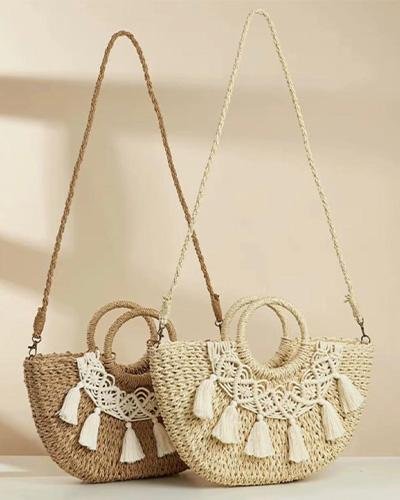 Macramé Tassel Half-Moon Straw Bag